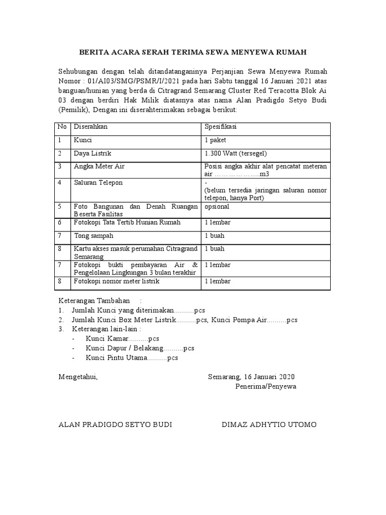 Berita Acara Serah Terima Sewa Rumah | PDF