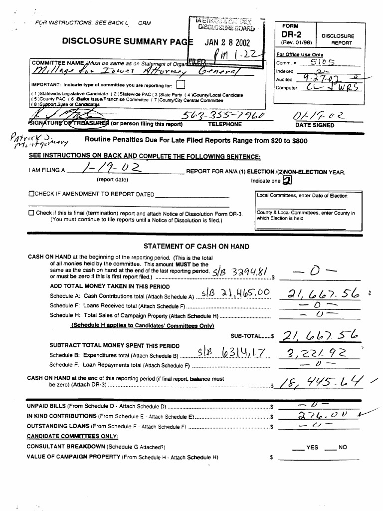 JAN 2 8 2002 Disclosure Summary Pag DR-2 J) R,: See Instructions On ...