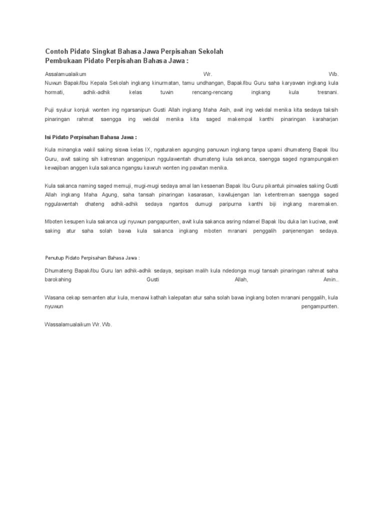 Contoh Pidato Singkat Bahasa Jawa Perpisahan Sekolah