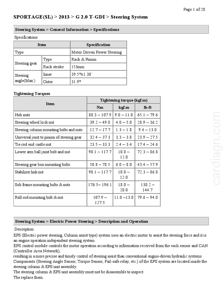 Steering System Specs and Torque Values | PDF | Steering | Nut (Hardware)