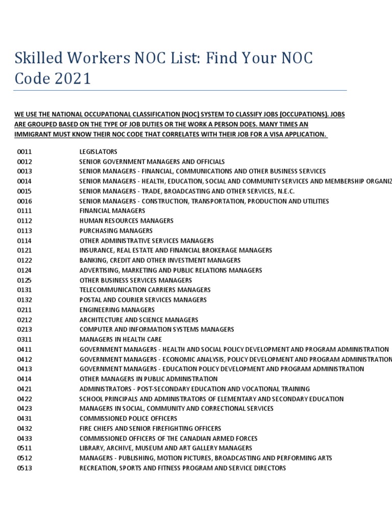 Skilled Workers NOC List Find Your NOC Code 2021 PDF Logging