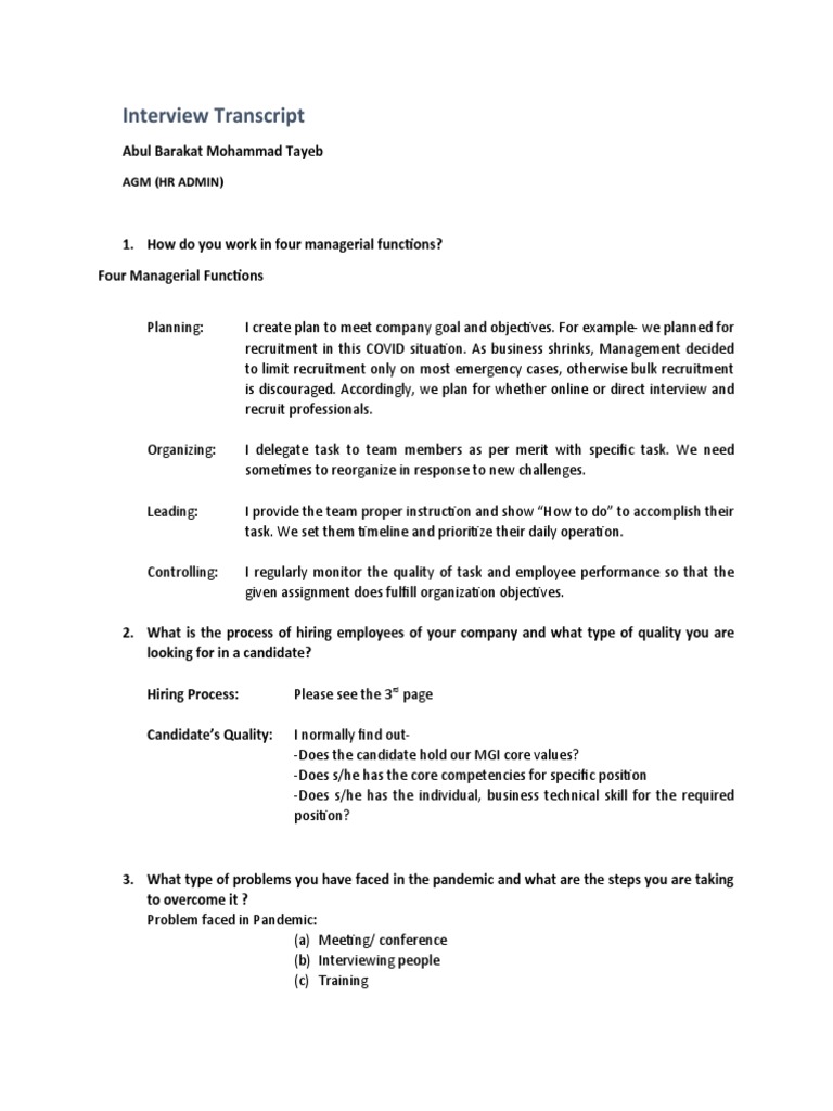 Interview Transcript: Agm (HR Admin) | PDF | Motivation | Motivational