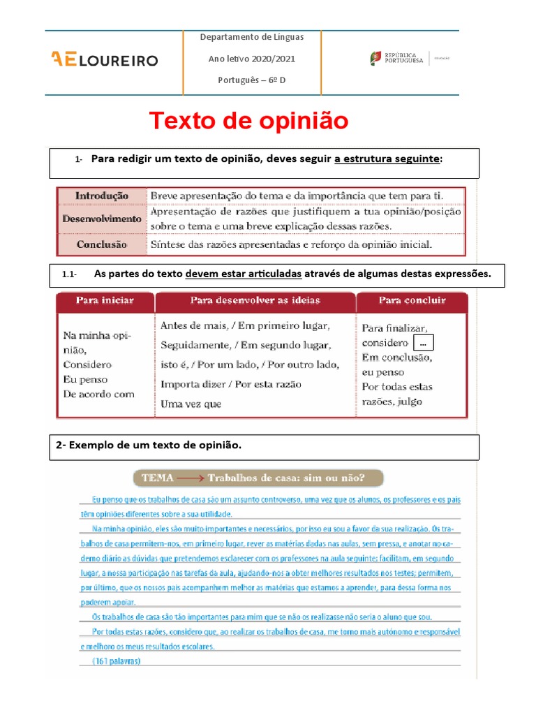 Estrutura do Texto de Opinião 6º Ano | PDF