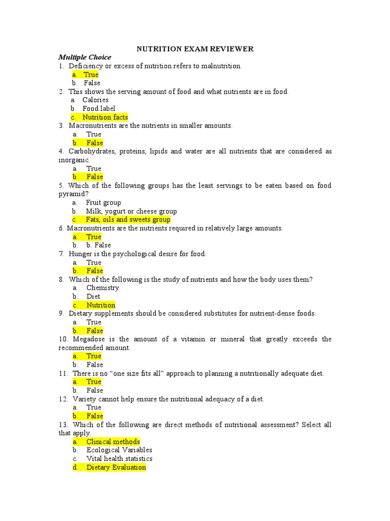 Multiple Choice Nutrition Exam Reviewer PDF Nutrients Diet