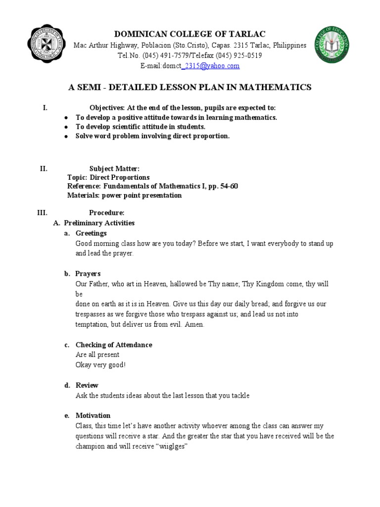 Semi-Detailed Math Lesson Plan: Proportions | PDF | Lord's Prayer ...