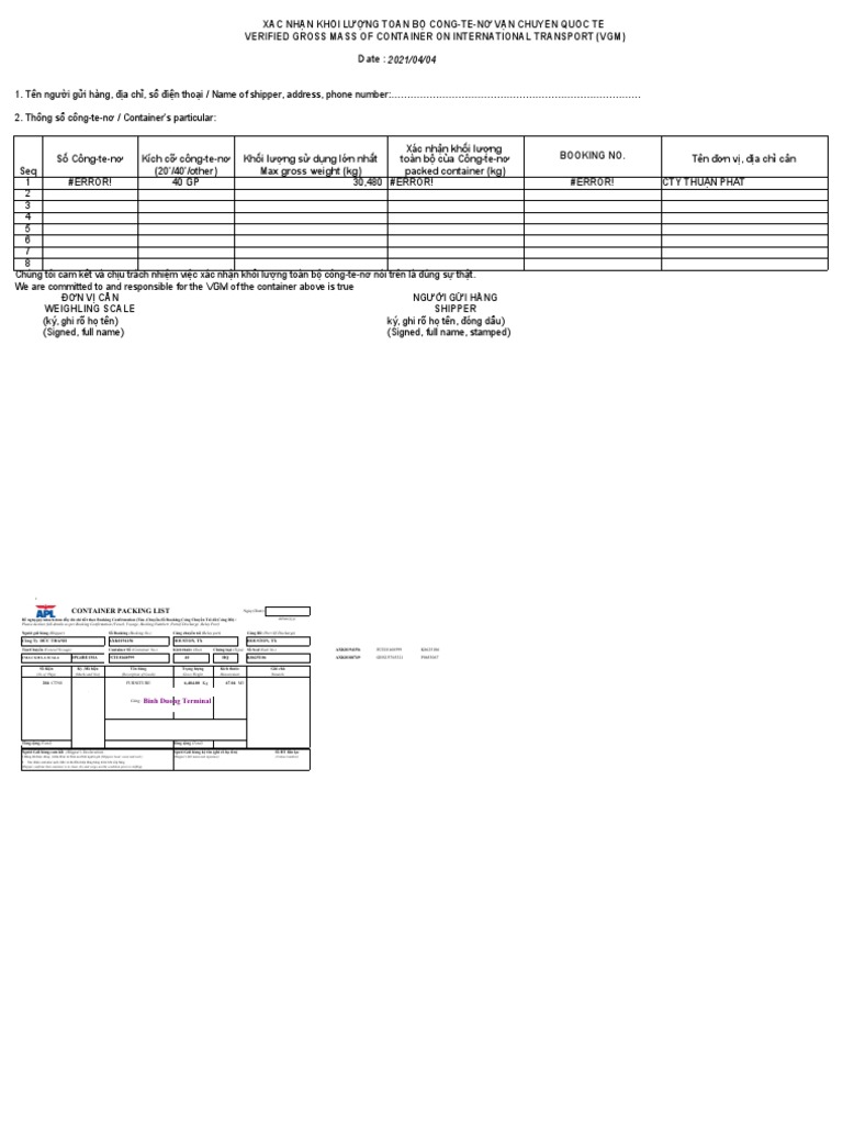 Container Packing List Ha Cont VGM Full Hang Tau NVOCC | PDF