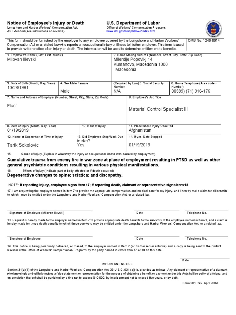 LS-201 Injury Notification Form | PDF | Workers' Compensation | Employment
