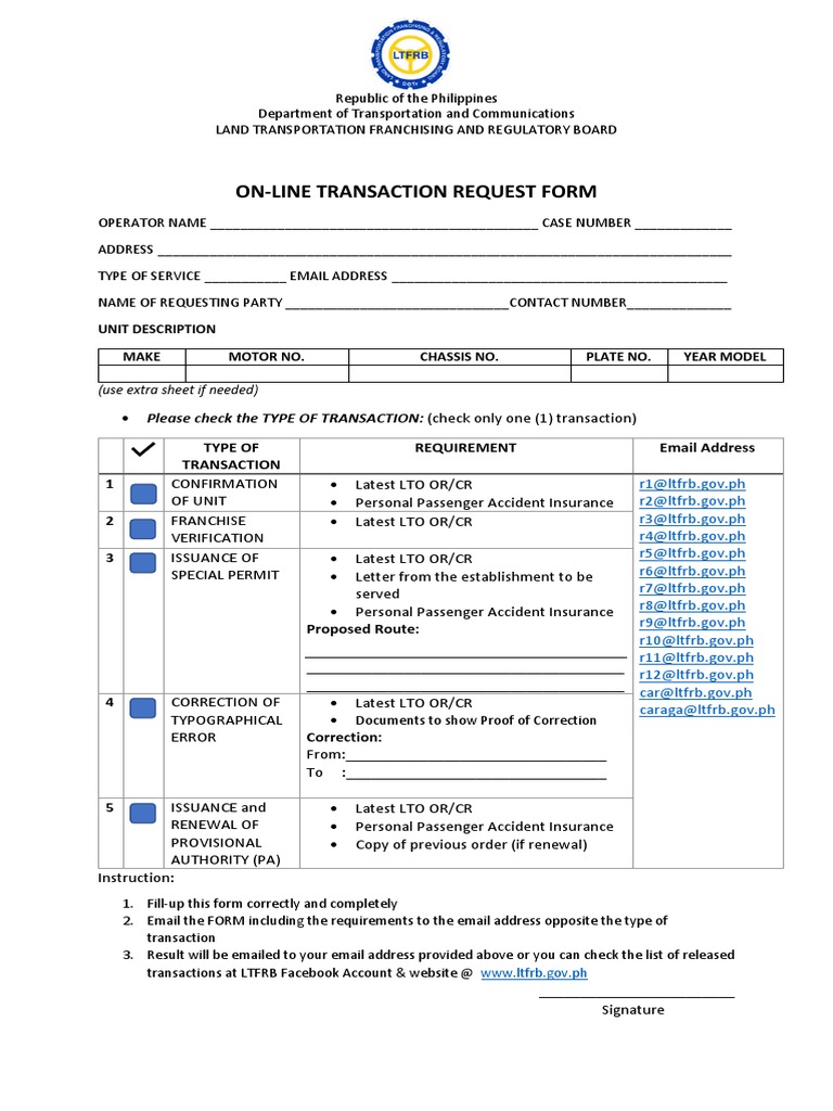 On-Line Transaction Request Form: Type of Transaction Requirement Email ...