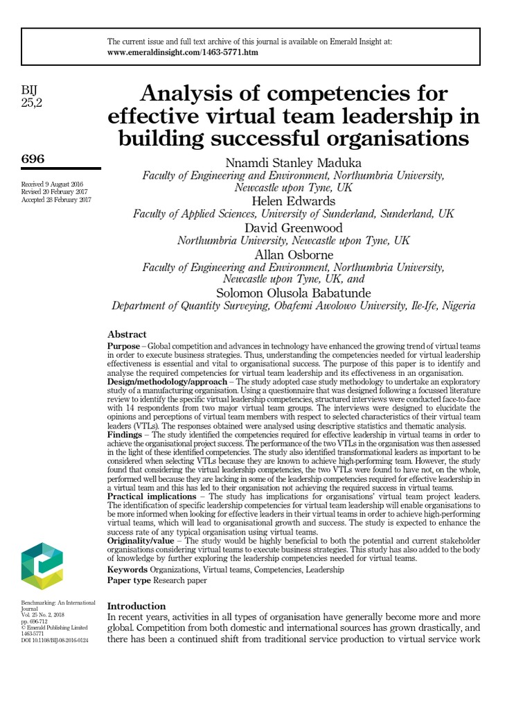 Analysis of Competencies For Effective Virtual Team Leadership in ...