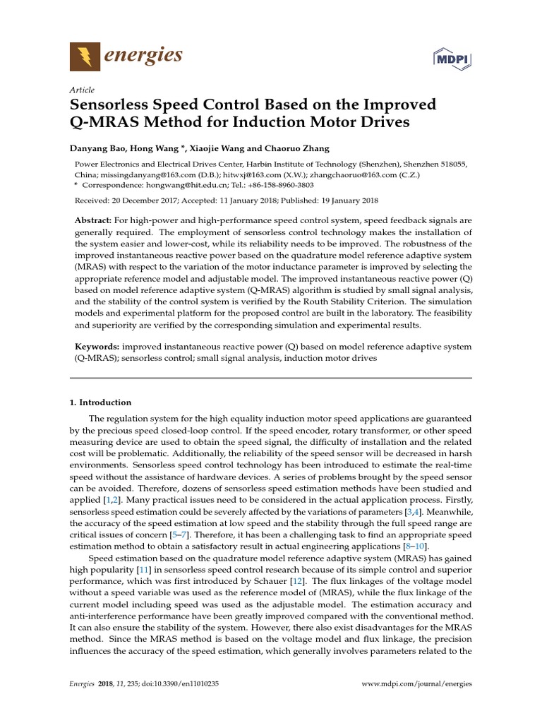 Energies: Sensorless Speed Control Based On The Improved Q-MRAS Method ...