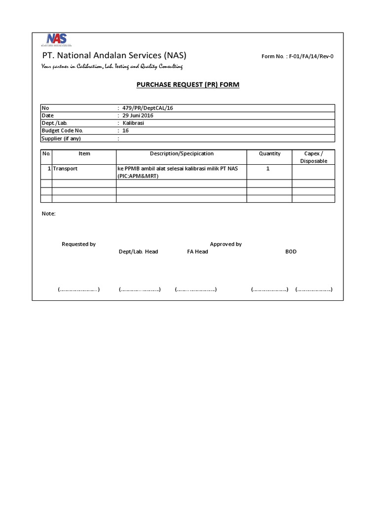PT. National Andalan Services (NAS) : Purchase Request (PR) Form | PDF