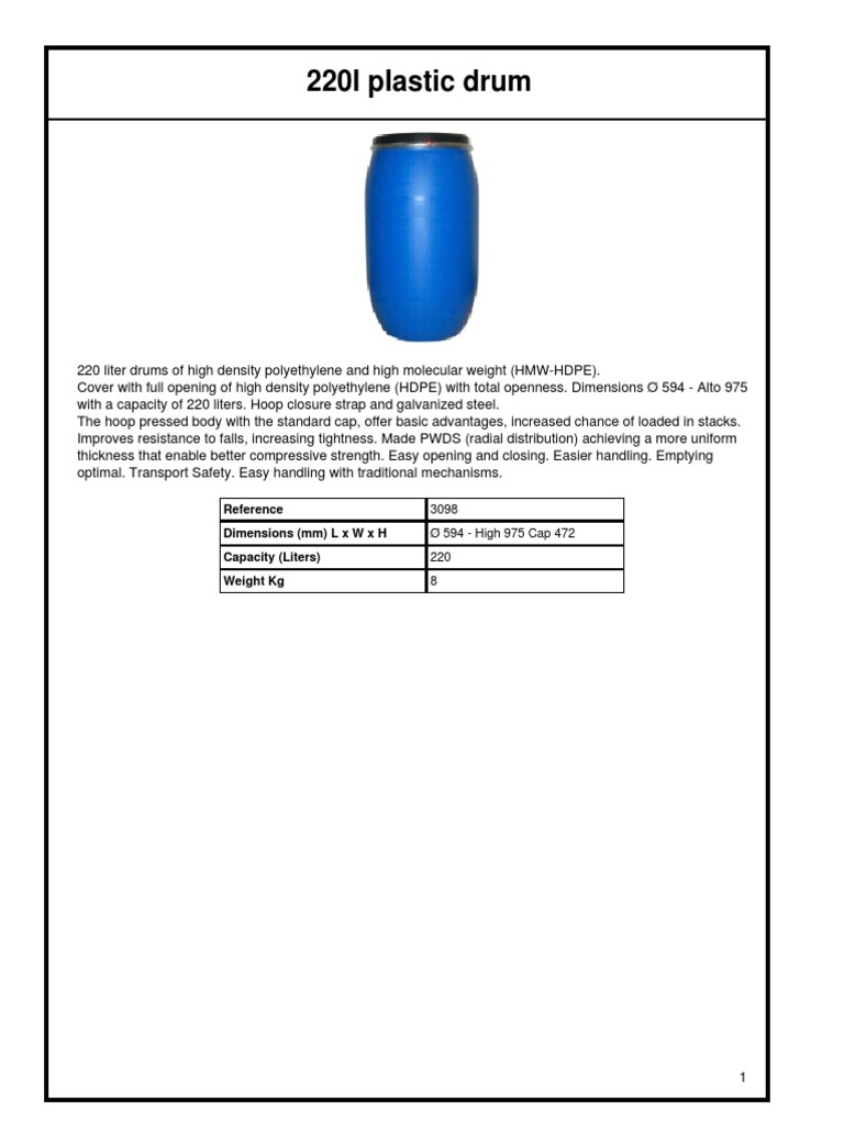 HDPE 200 Liter Drum Specifications PDF