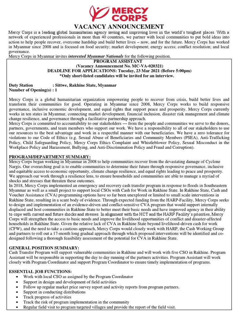 Mercy Corps Program Assistant Vacancy | PDF | Equal Opportunity | Community