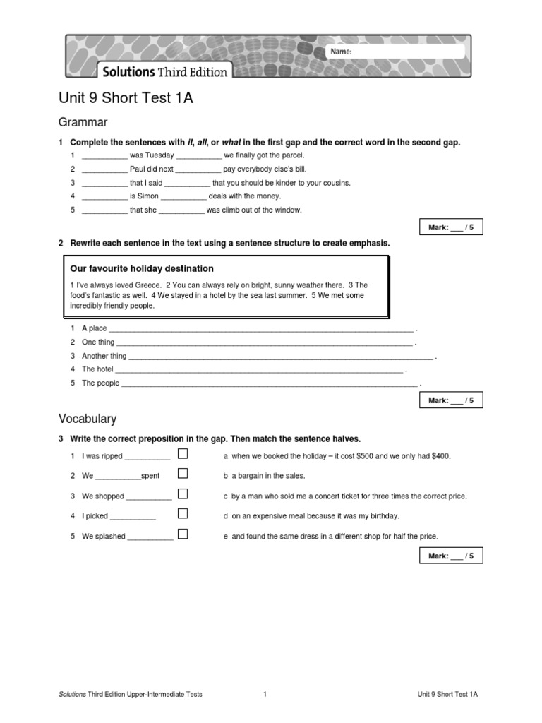 Unit 9 Short Test 1A Answers | PDF | Language Arts & Discipline