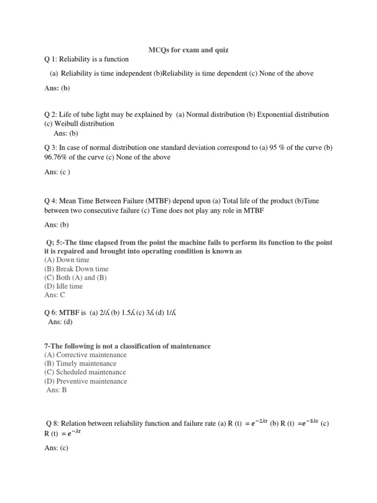 Reliability MCQs with Answers | PDF | Reliability Engineering | Systems ...