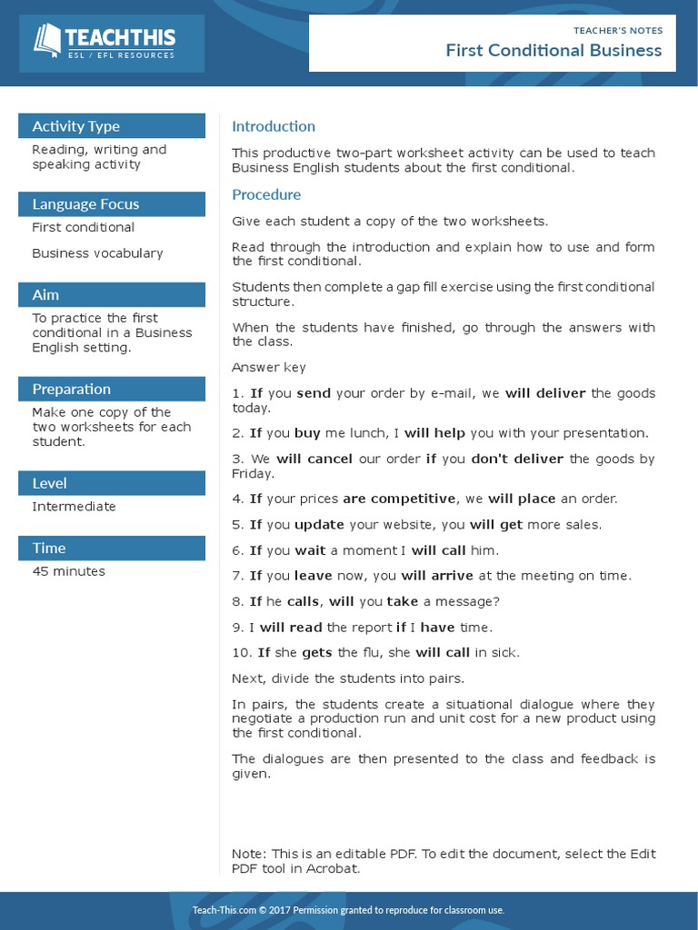 first conditional business pdf english as a second or foreign language communication