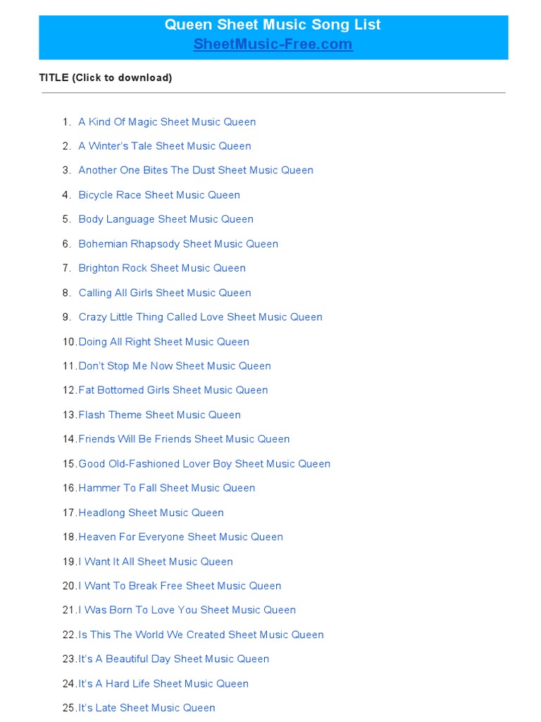 Queen Sheet Music Song List: TITLE (Click To Download) | PDF | Rock