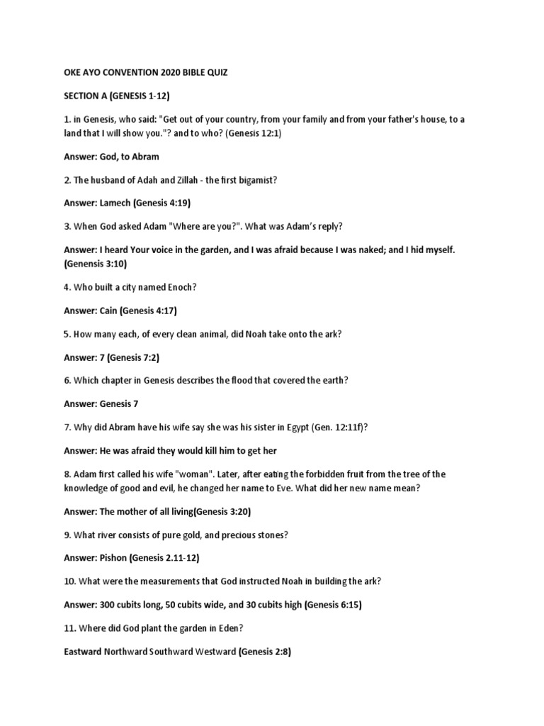 Bible Quiz Competition Book Of Genesis Adam