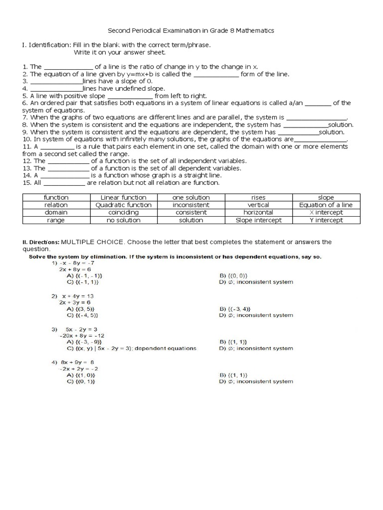 Second Periodical Examination in Grade 8 Mathematics PDF