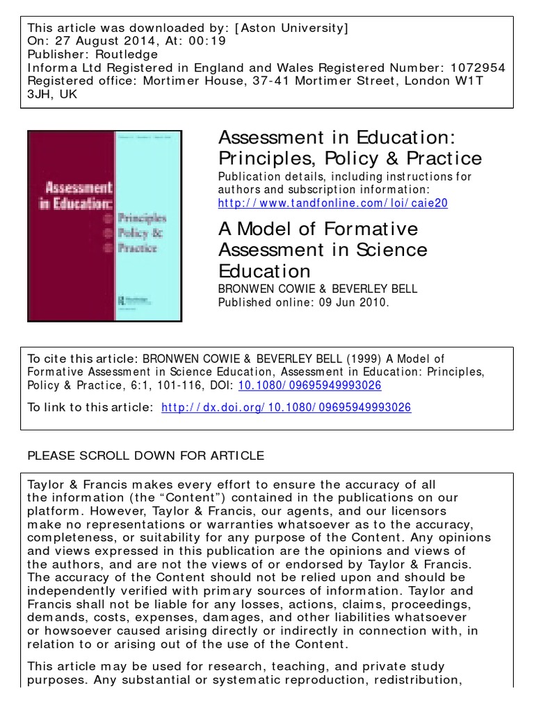 a model of formative assessment in science education