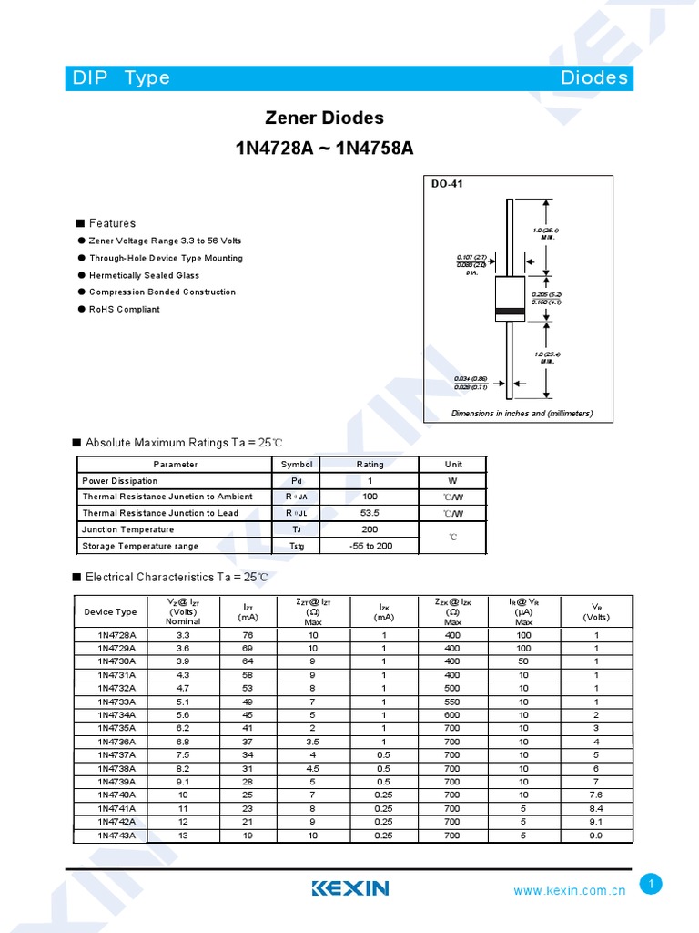 Datasheet Linea Diodo Zener 1N47 PDF Diode Electrical Impedance