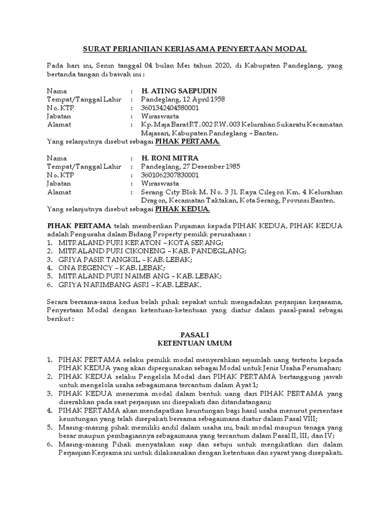 Surat Perjanjian Kerjasama Penyertaan Modal | PDF