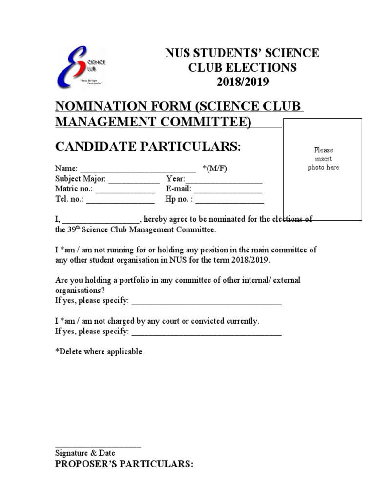 Nomination Form (Science Club Management Committee) Candidate ...
