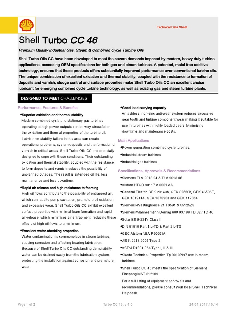 Shell Turbo CC 46: Turbine Oil Data Sheet | PDF | Motor Oil | Lubricant