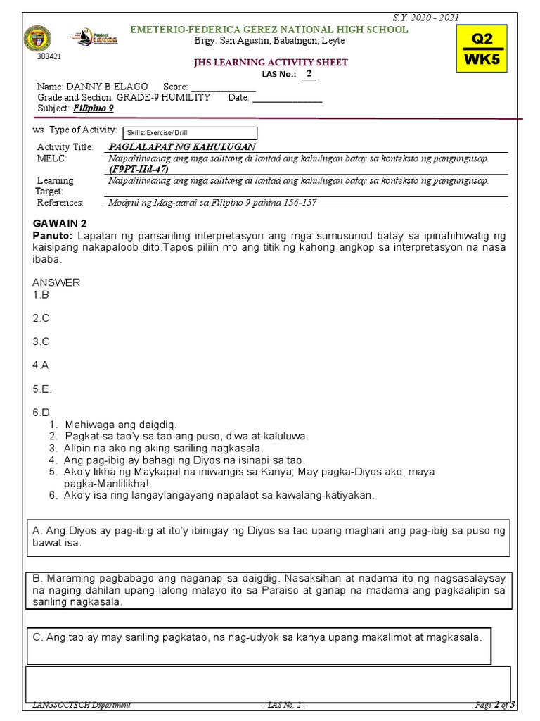 Filipino 9 Q2 Las 2 Week 5 Pdf