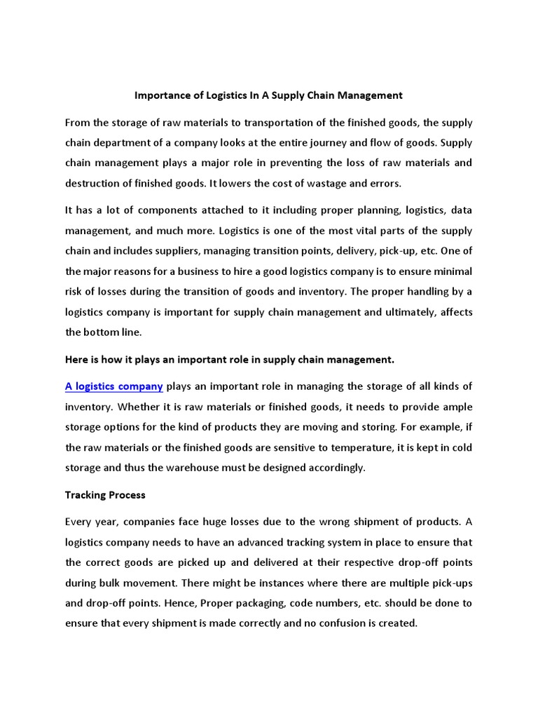 Importance of Logistics in A Supply Chain Management | PDF | Logistics ...