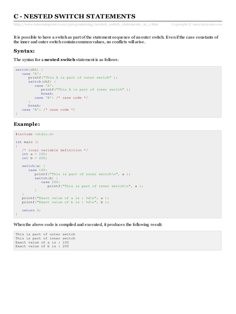 C Nested Switch Statements C Nested Switch Statements