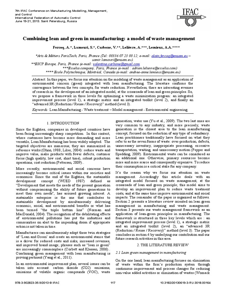 Combining Green and Lean in Manufacturing - A Model of Waste Management ...