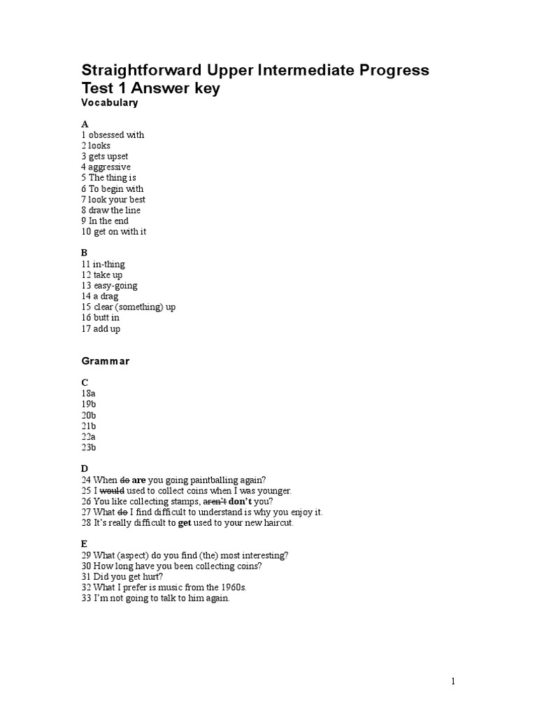 Straightforward Upper Intermediate Progress Test 1 Answer Key | PDF ...