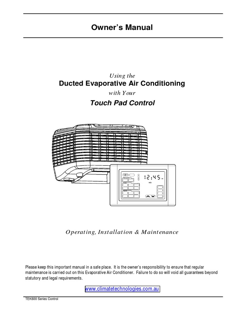Bonaire Evaporative Touch Pad Control PDF Air Conditioning Duct