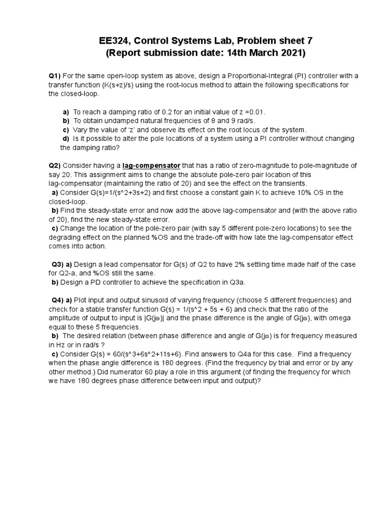 EE324, Control Systems Lab, Problem Sheet 7 (Report Submission Date ...