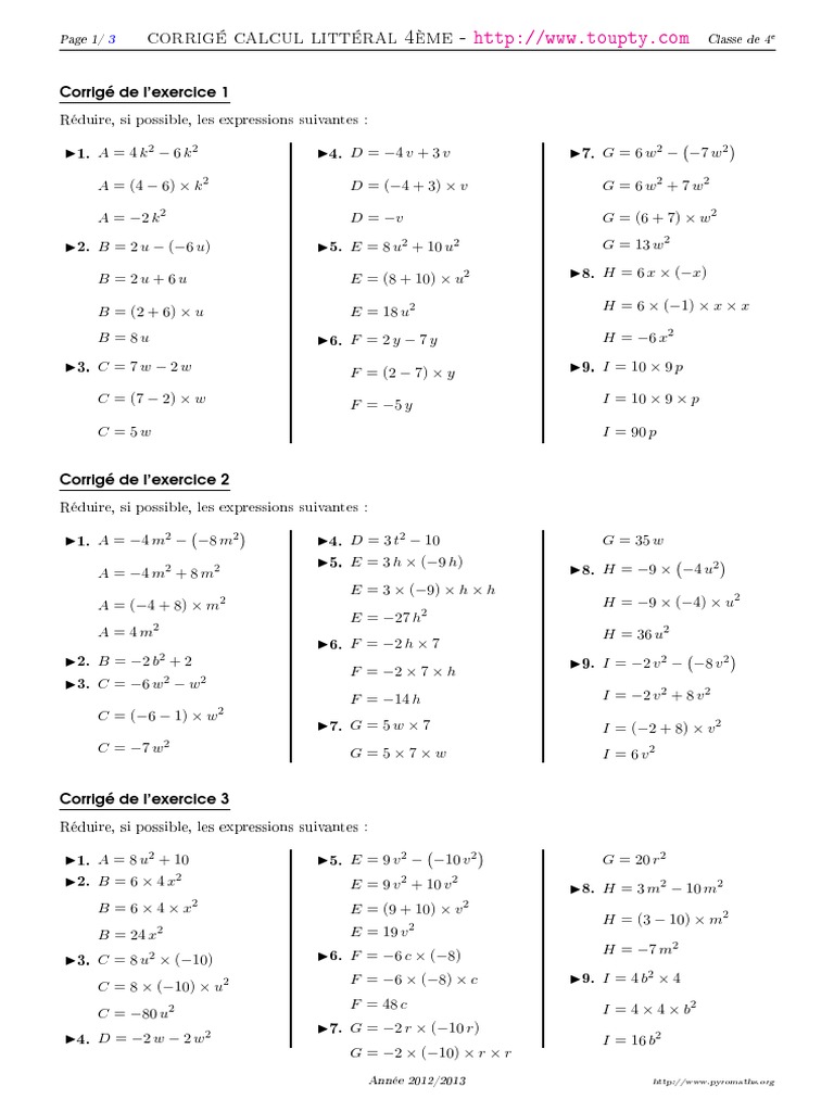 Calcul Littéral : Exercices Corrigés Pdf Calcul Litteral 2 Corrige | PDF