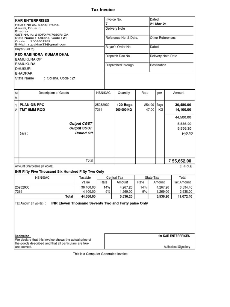 Tax Invoice Bamukura GP Bamukura Dhusuri Bhadrak State Name Odisha