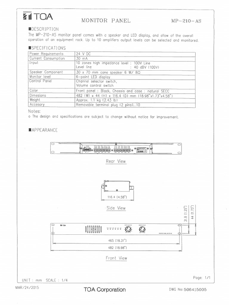 2308 MP 210 Monitor Panel Specification | PDF