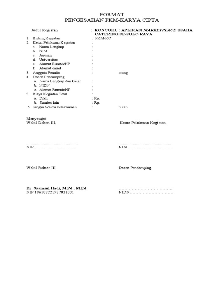 Lembar Pengesahan Proposal PKM | PDF