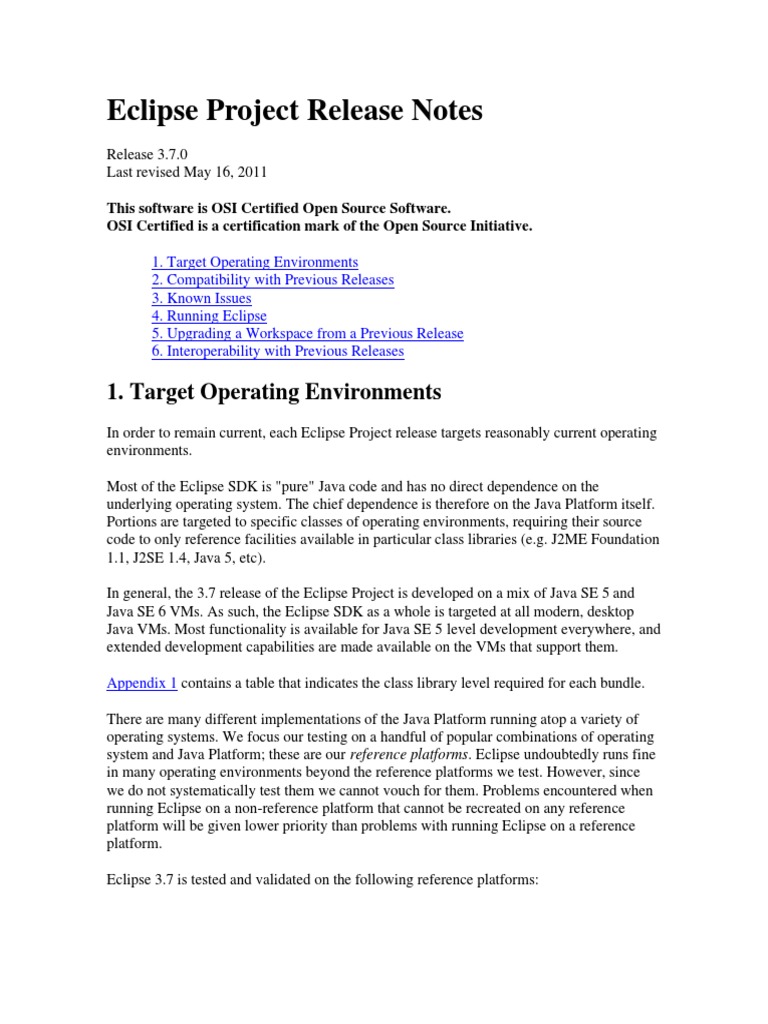 Eclipse Project Release Notes: 1. Target Operating Environments | PDF ...