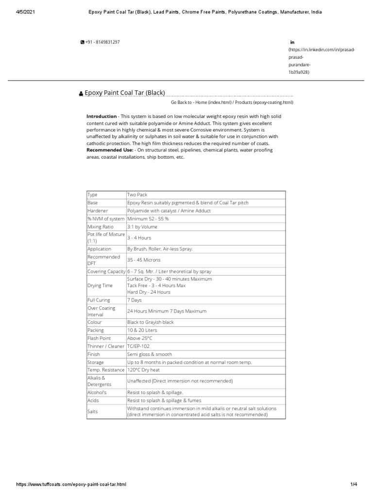Epoxy Paint Coal Tar (Black), Lead Paints, Chrome Free Paints