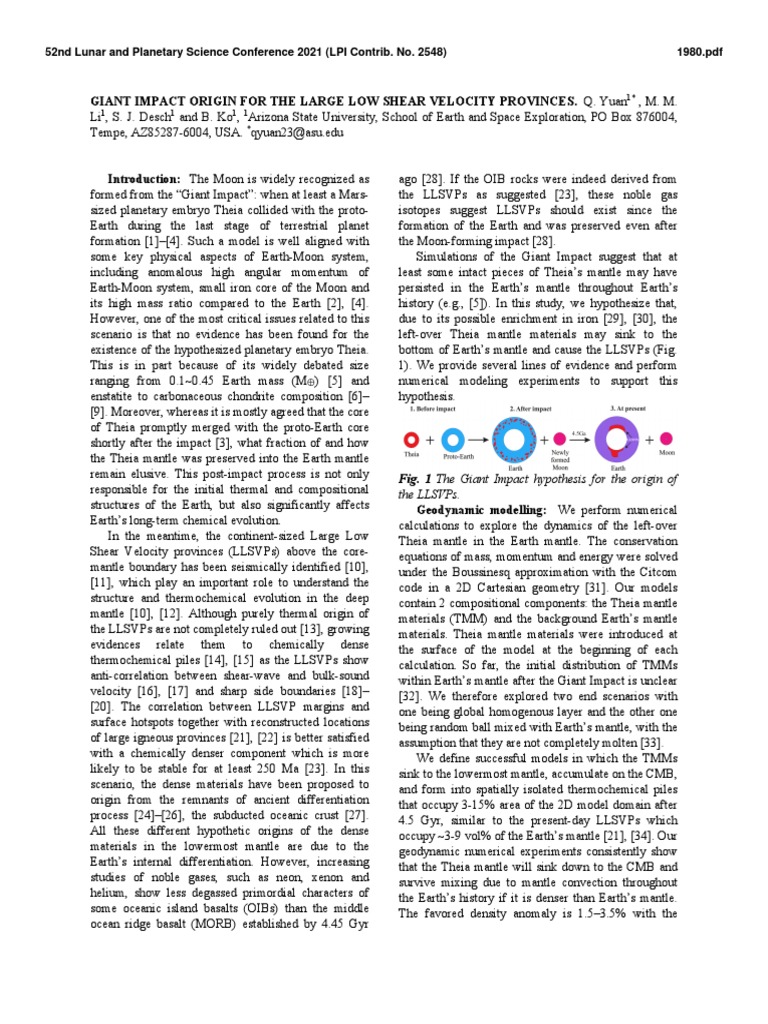 Giant Impact Origin For The Large Low Shear Velocity Provinces PDF Giant Impact Hypothesis