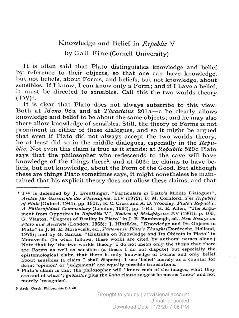 Plato's Knowledge vs. Belief in Republic V | PDF | Argument | Plato
