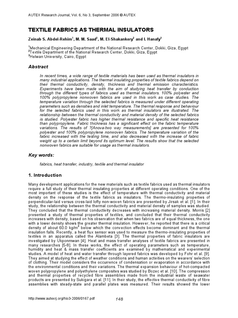 Textile Fabrics As Thermal Insulators Zeinab S. AbdelRehim, M. M