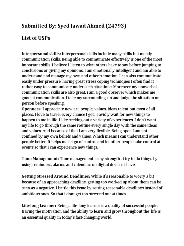 Submitted By: Syed Jawad Ahmed (24793) List of Usps | PDF