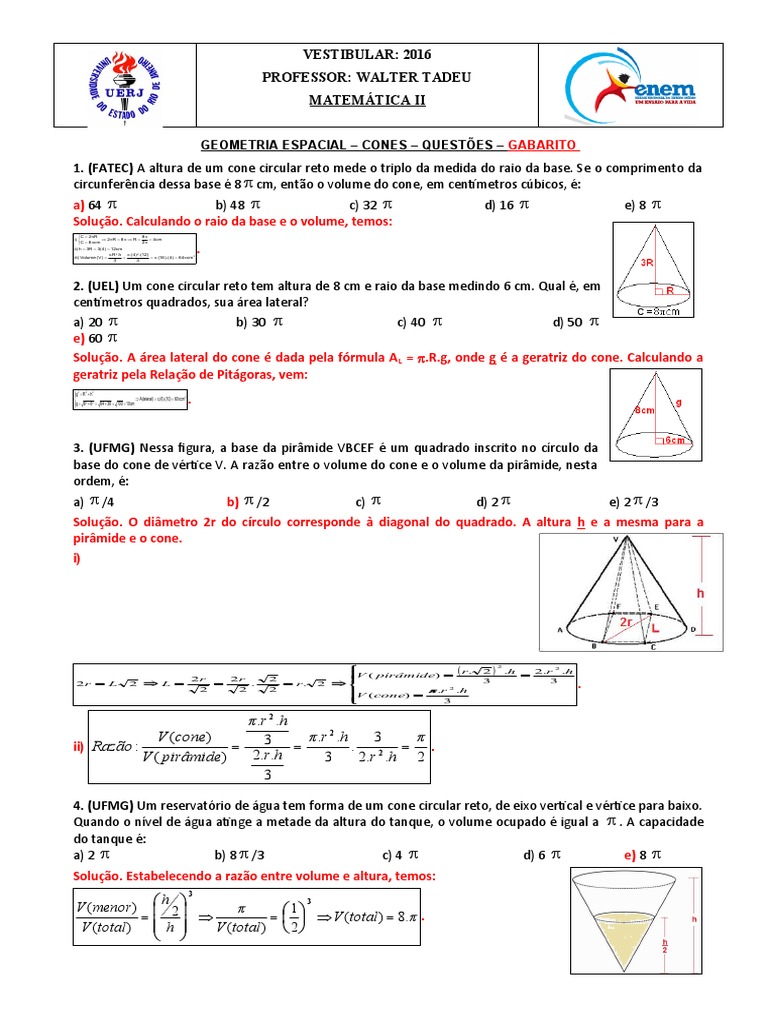 Geometria espacial - Cones - Questões - Gabarito | PDF | Geometria ...