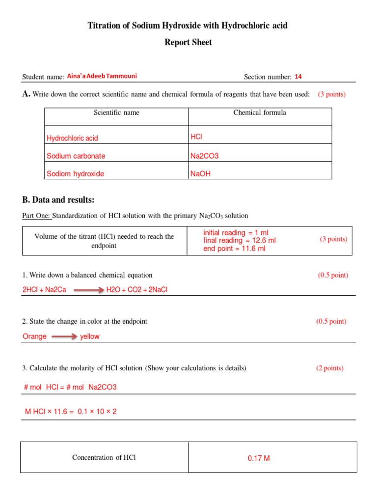 Titration of Sodium Hydroxide With Hydrochloric Acid Report Sheet | PDF ...