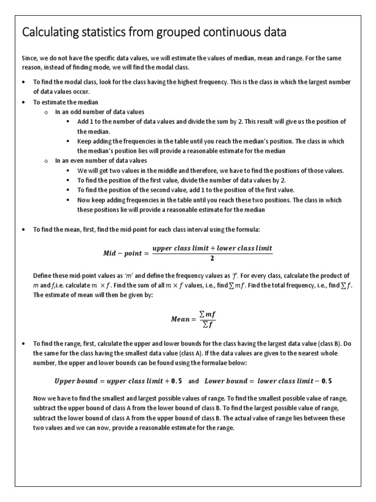Calculating Statistics From Group Continuous Data | PDF | Median | Mean
