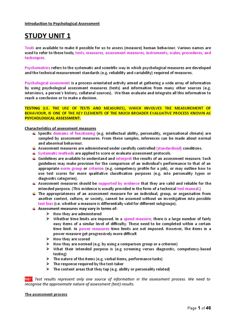 Study Unit 1: Introduction To Psychological Assessment | PDF | Validity ...