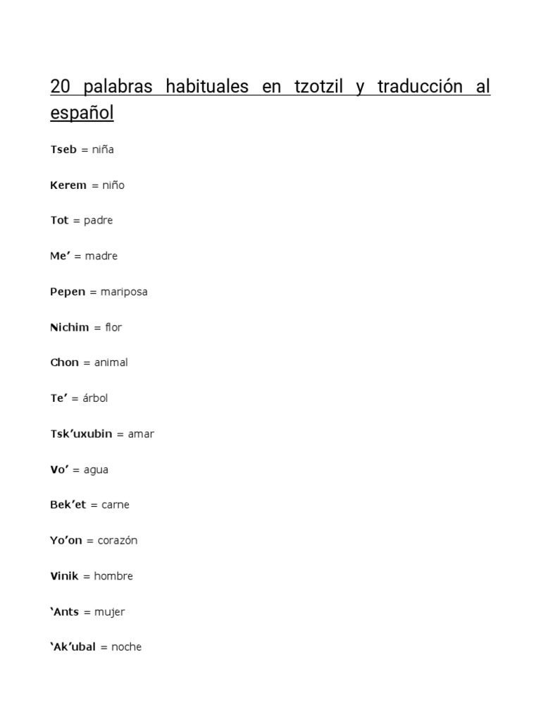 20 Palabras Habituales en Tzotzil y Traducción Al Español PDF